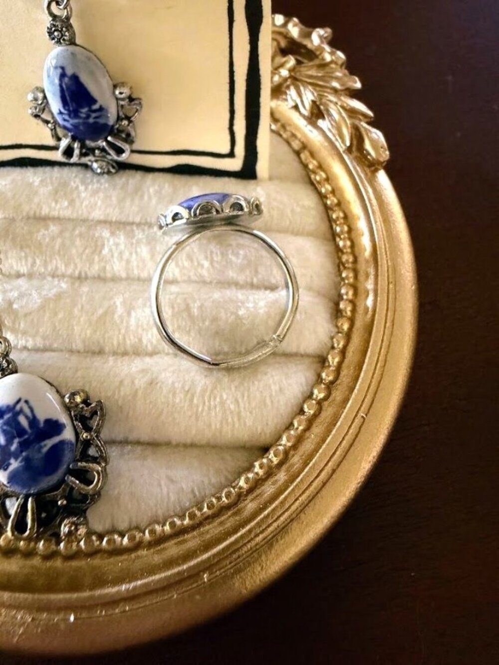Vintage Blue Delft Porcelain Sailboat Jewelry Set Necklace Brooch Ring - Picture 5 of 11